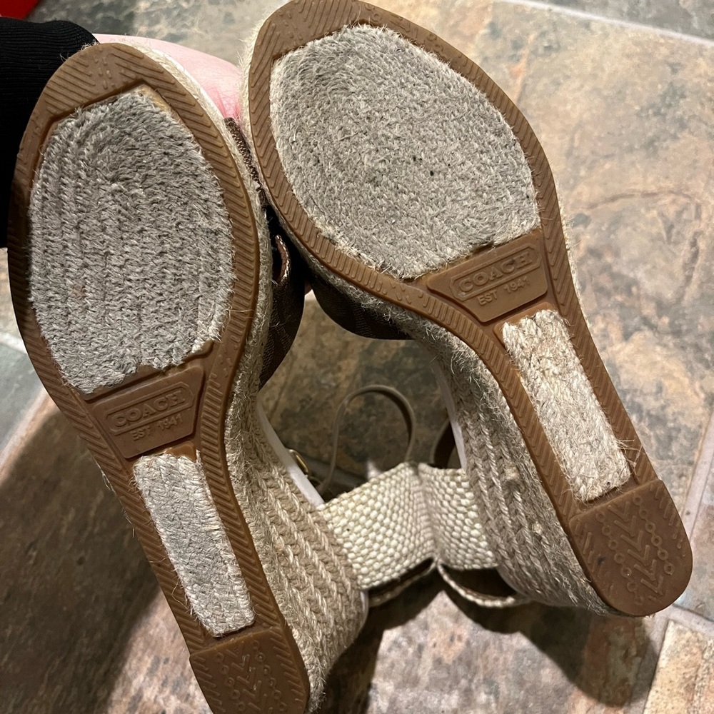 Coach Brown Canvas and Cream Leather Wedge Sandals - Picture 5 of 5